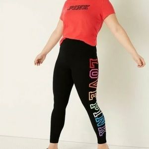 VICTORIAS SECRET LOVE PINK HIGH WAIST FULL LENGTH LEGGINGS BLACK LOGO M NEW